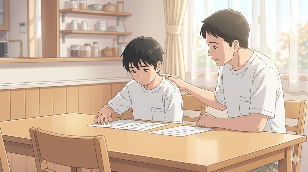 答案を前に向き合う父と息子