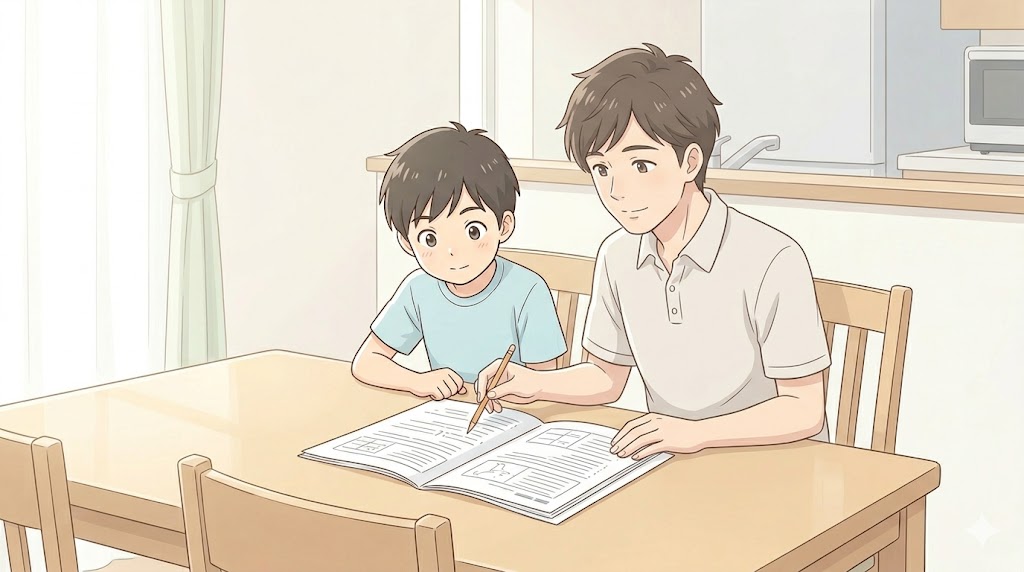 答案を前に向き合う父と息子